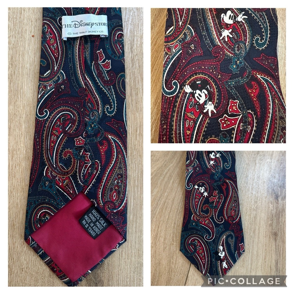 Vintage Disney Store Mens‎ Neck Tie Paisley Mickey Mouse 100% Silk Red Green